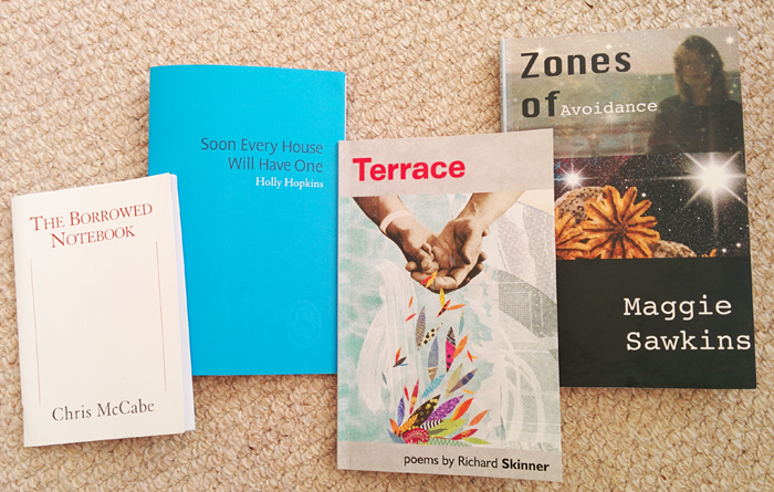 Poetry pamphlets by Chris McCabe, Holly Hopkins, Richard Skinner & Maggie Sawkins