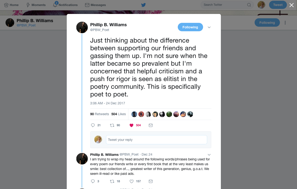 Twitter thread started by poet Phillip B Williams